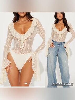 Fashion Nova Cream Lace Ruffle Long-Sleeve Bodysuit - Xs
